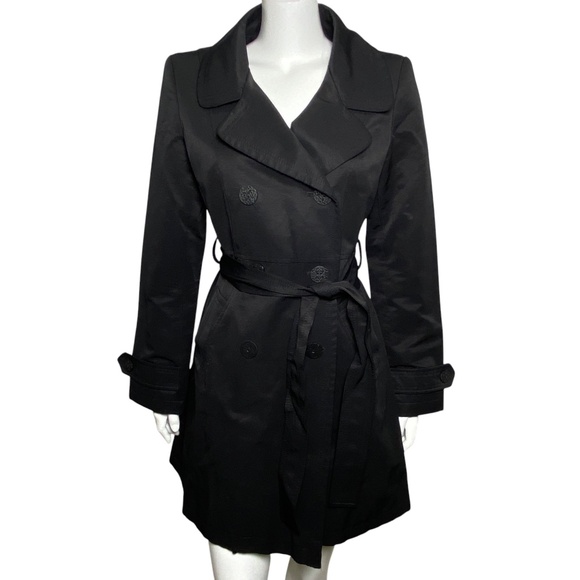 Tahari Trench Coat Womens Size M Black Belt Double Breasted Button Up Lined - Picture 1 of 7